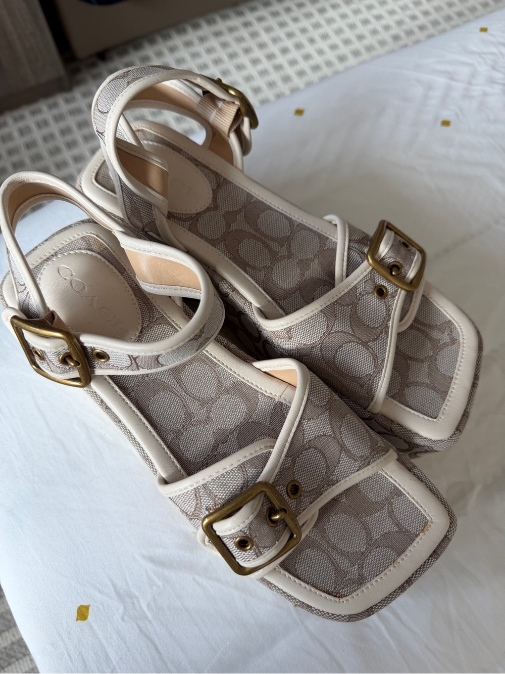 Coach Beige Signature Canvas Buckle Heeled Sandals